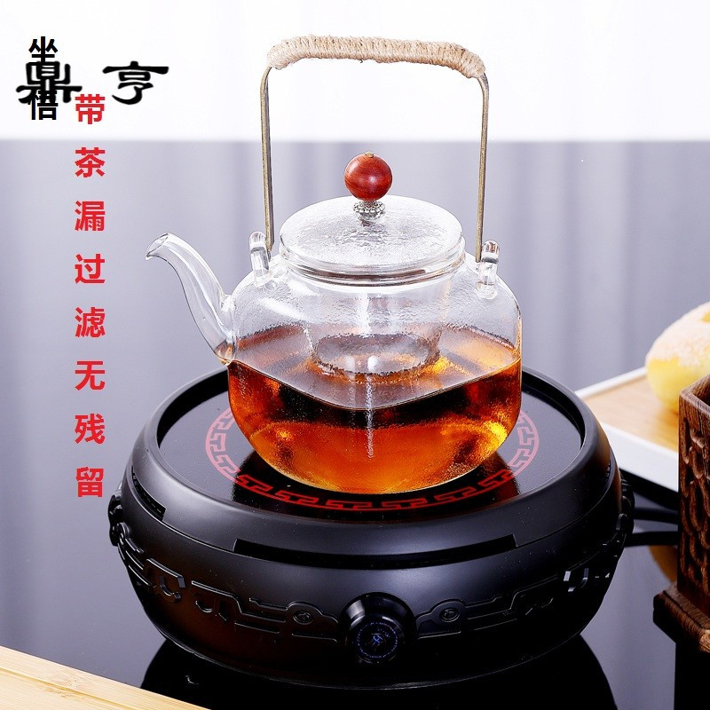鼎亨日式泡茶壶锤纹耐热玻璃过滤花透明玻璃水壶提梁壶功夫红茶