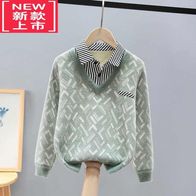 可莉允男童毛衣假两件秋冬款中大童针织衫加绒加厚儿童10男孩12岁图片