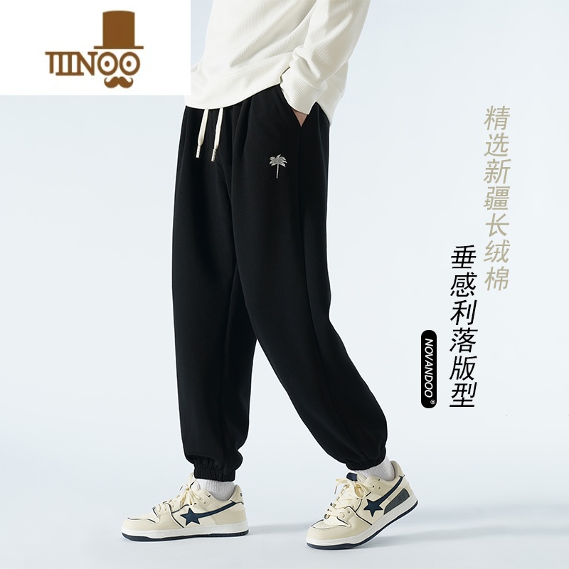 YANXU运动裤子男士款刺绣休闲长裤束脚卫裤美式大码潮牌黑色高清大图