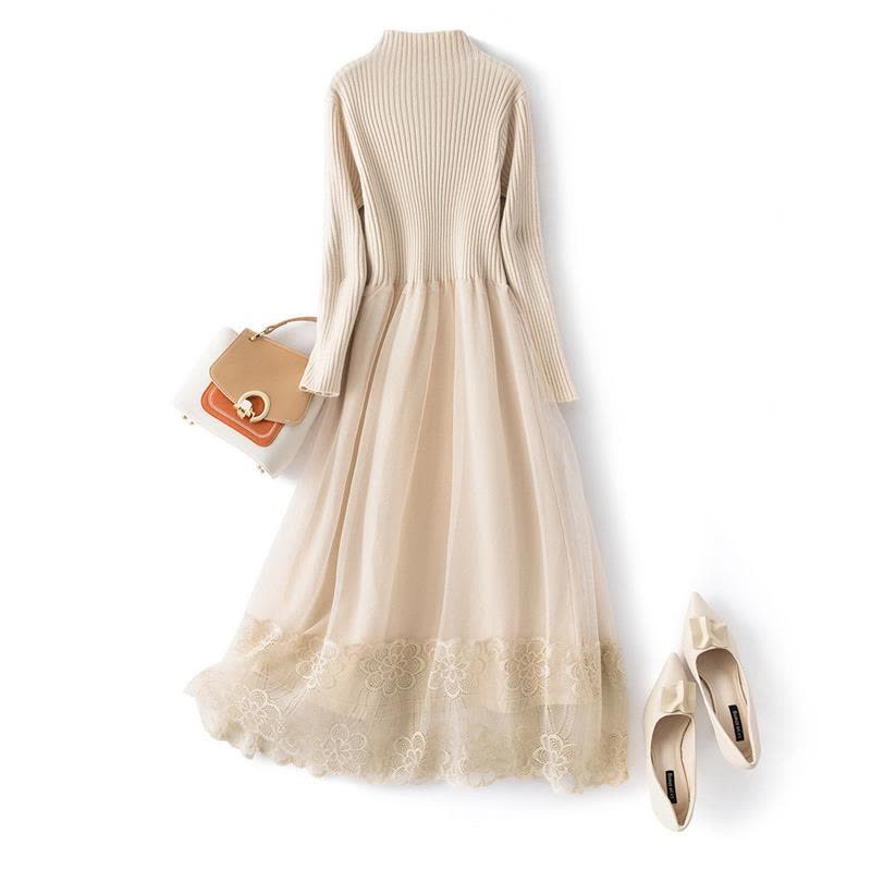 2021秋冬新款轻熟风优雅修身显瘦蕾丝针织拼接连衣裙图片