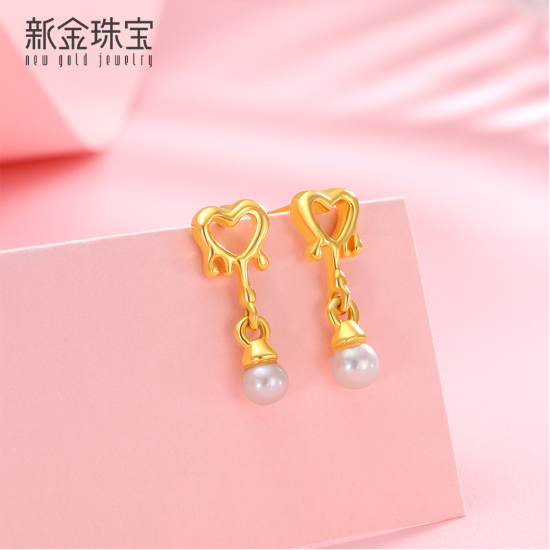新金珠宝 黄金耳环女 足999金水滴珍珠爱心耳钉硬金耳饰1042
