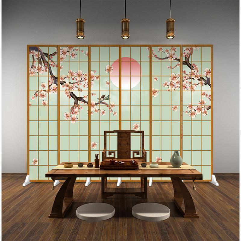 森美人日式仿木纹格子屏风隔断客厅现代简约双面移动布艺时尚可折叠折屏 香槟色6扇防透宽2.4米