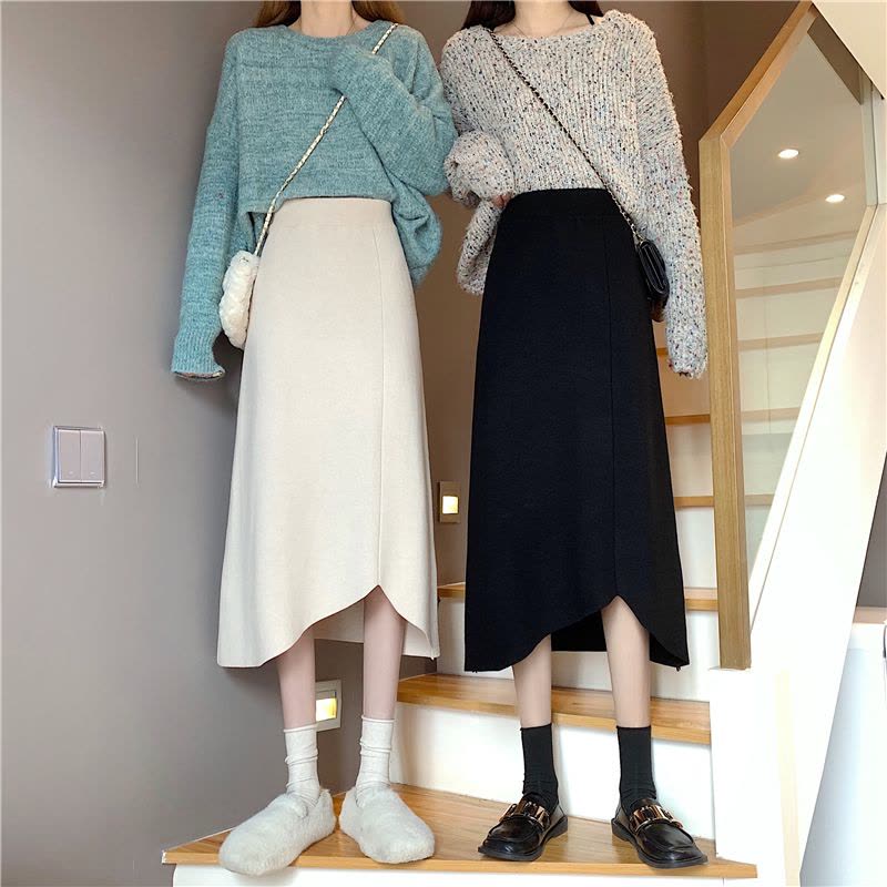 述雅半身裙春秋女新款高腰显瘦不规则a字中长裙纯色百搭针织裙子韩版图片