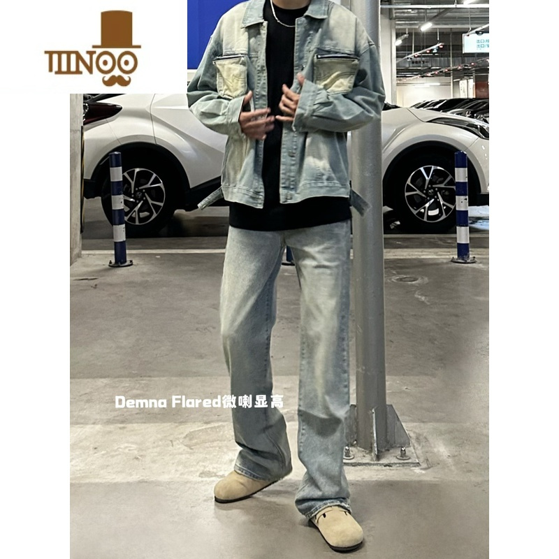 YANXU美式cleanfit复古水洗垂感直筒男宽松浅蓝色拖地款微喇牛仔裤ins