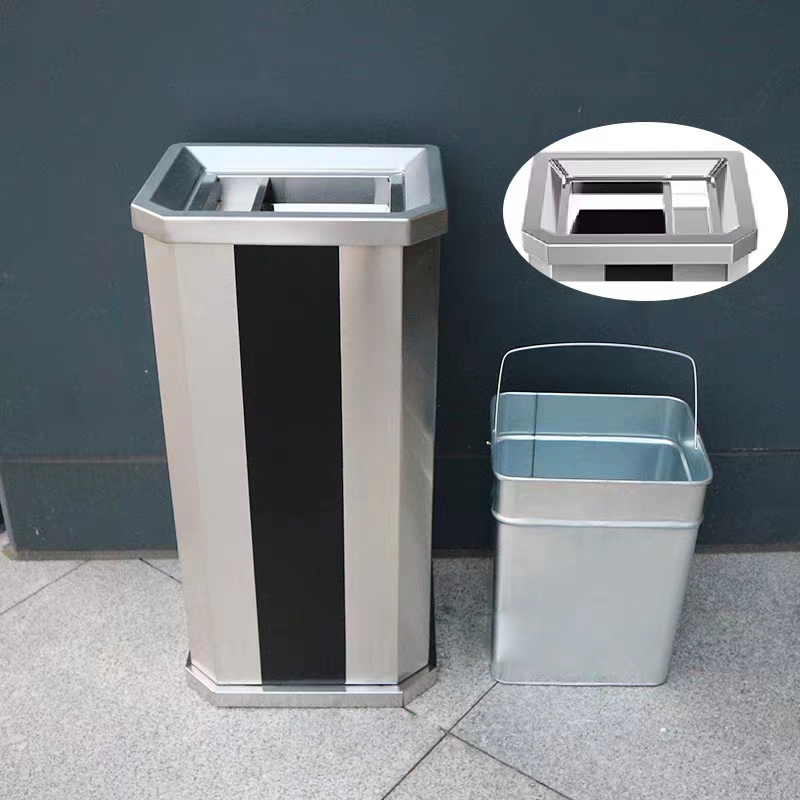 府店不锈钢垃圾桶烟蒂柱灭烟桶带烟灰缸室外电梯口立式黑条不锈钢上开口