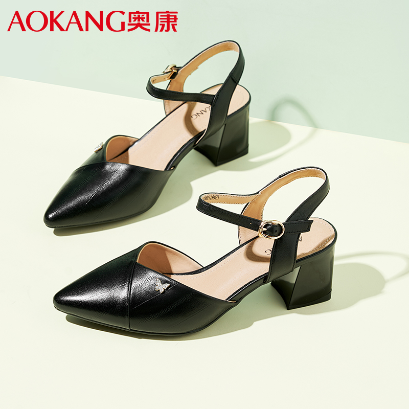 奥康女凉鞋夏季新款一字扣包头凉鞋羊皮高跟鞋女粗跟尖头气质单鞋女