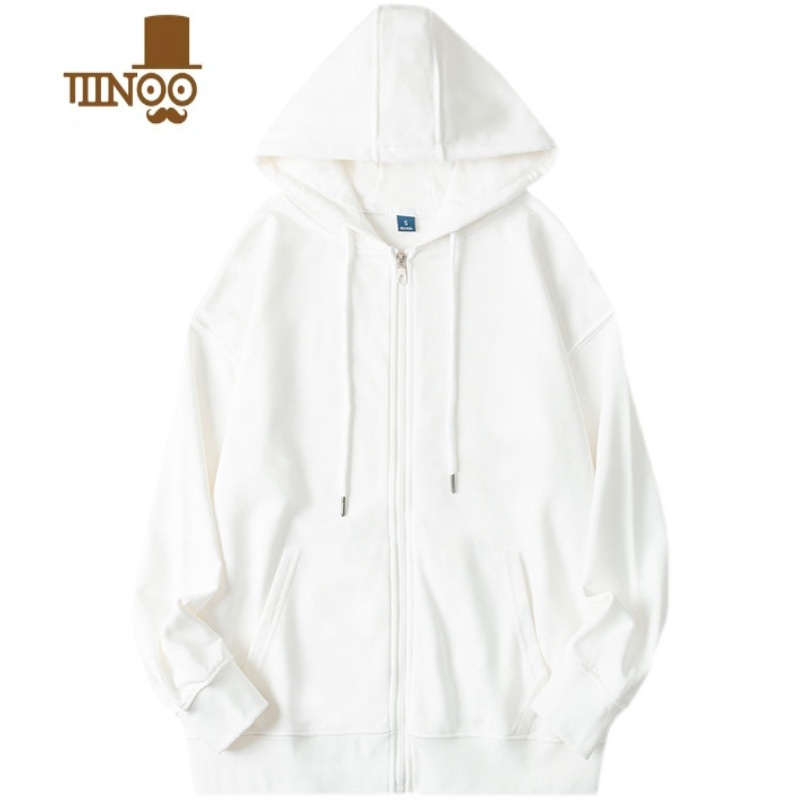 yanxu纯白色310g毛圈布连帽卫衣纯色宽松拉链开衫休闲简约外套男女