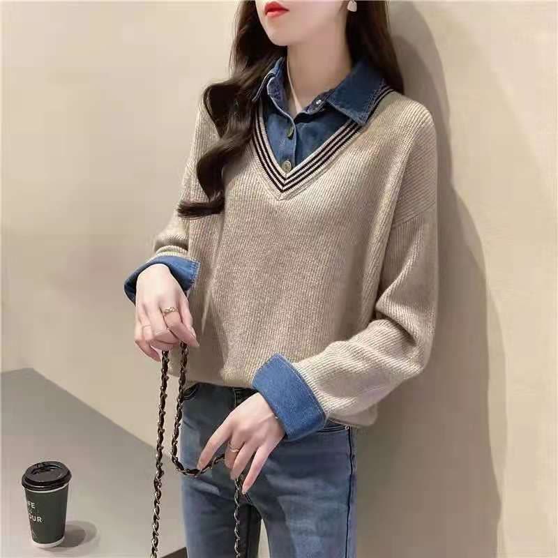 假两件拼接牛仔布衬衫领毛衣女秋冬时尚针织宽松套头大码百搭女士图片