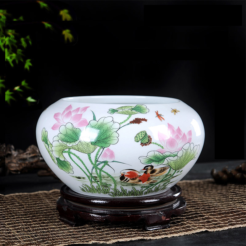 风源陶瓷小鱼缸乌龟盆碗莲水培缸笔洗养鱼盆景德镇装饰品 （ 童趣 中号）