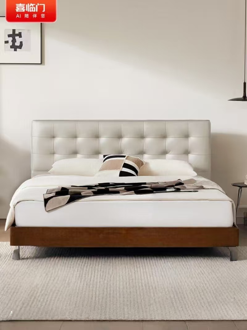 喜临门 - 黑白格皮床 头层牛皮实木床 双人中古风高脚大床高清大图