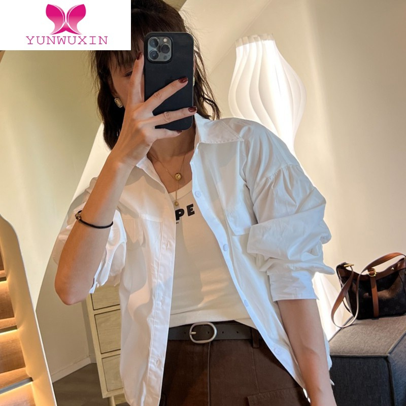 YUNWUXIN早秋季白色长袖衬衫小众设计感上衣女新款别致抽绳翻领小衬衣外套