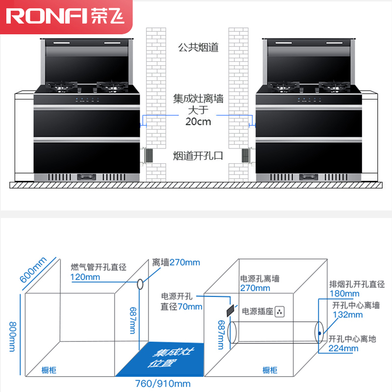 荣飞(Rongfei)体感集成灶一体灶下排侧吸式油烟机厨房环保灶台自动清洗家用消毒柜套装750变频(天然气)