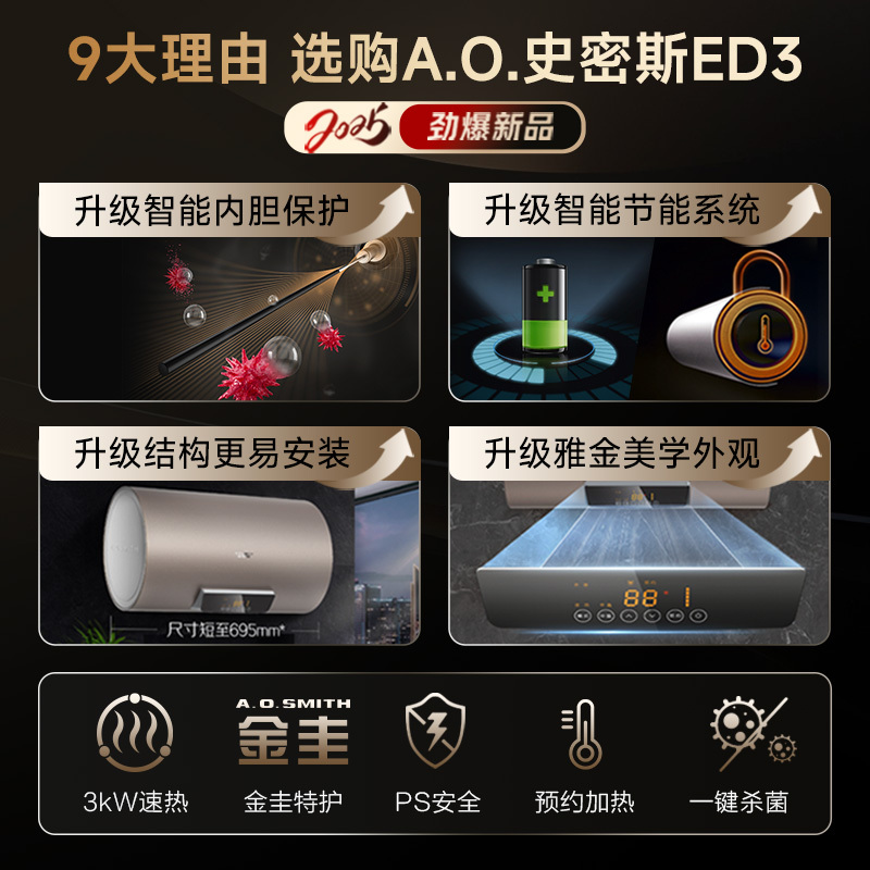 史密斯60升电热水器 国家补贴 专利免更换镁棒 金圭内胆 短款 速热节能 CEWH-60ED3 一级能效