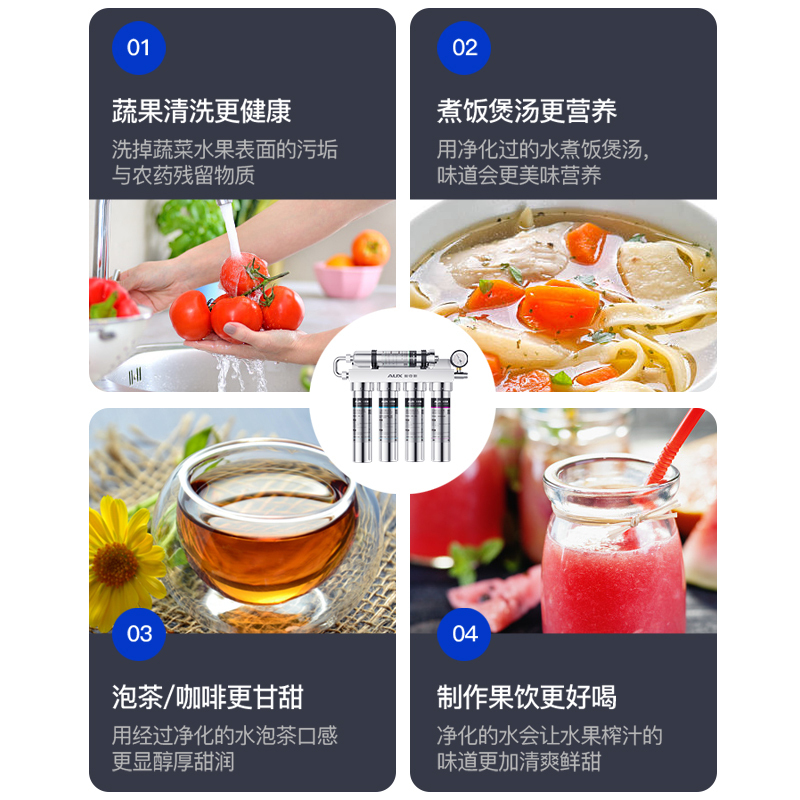 奥克斯净水器AU12家用厨下式净水机厨房超滤直饮大流量无废水免插电不锈钢自来水过滤器(免费安装)高清大图