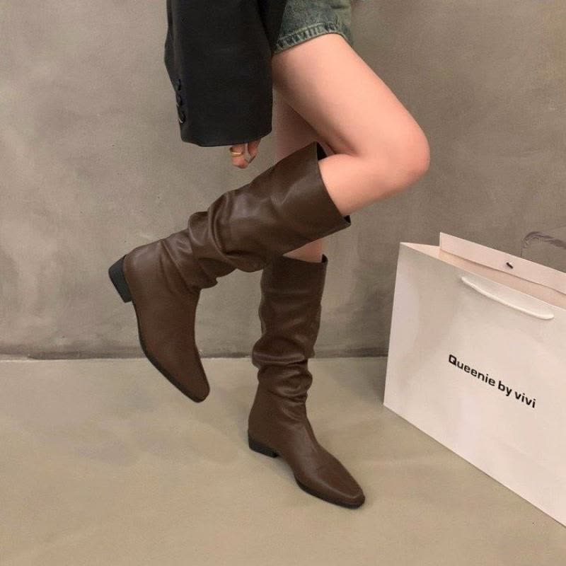 戈佳妮2023新款秋冬粗跟堆堆长筒骑士靴子女法式中筒瘦瘦西部长靴图片