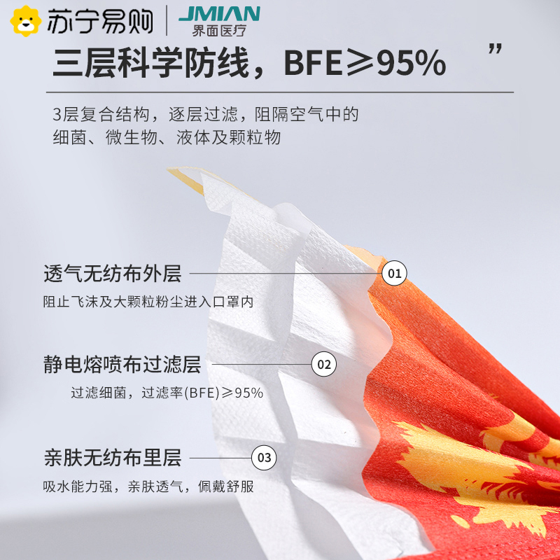 界面医疗儿童医用口罩中国风一次性医疗三层国潮红色单片独立装 50只