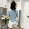 [2.5折价62元]唐狮甜美撞色短袖T恤女夏季新款别致修身蓝色针织衫上衣小众x