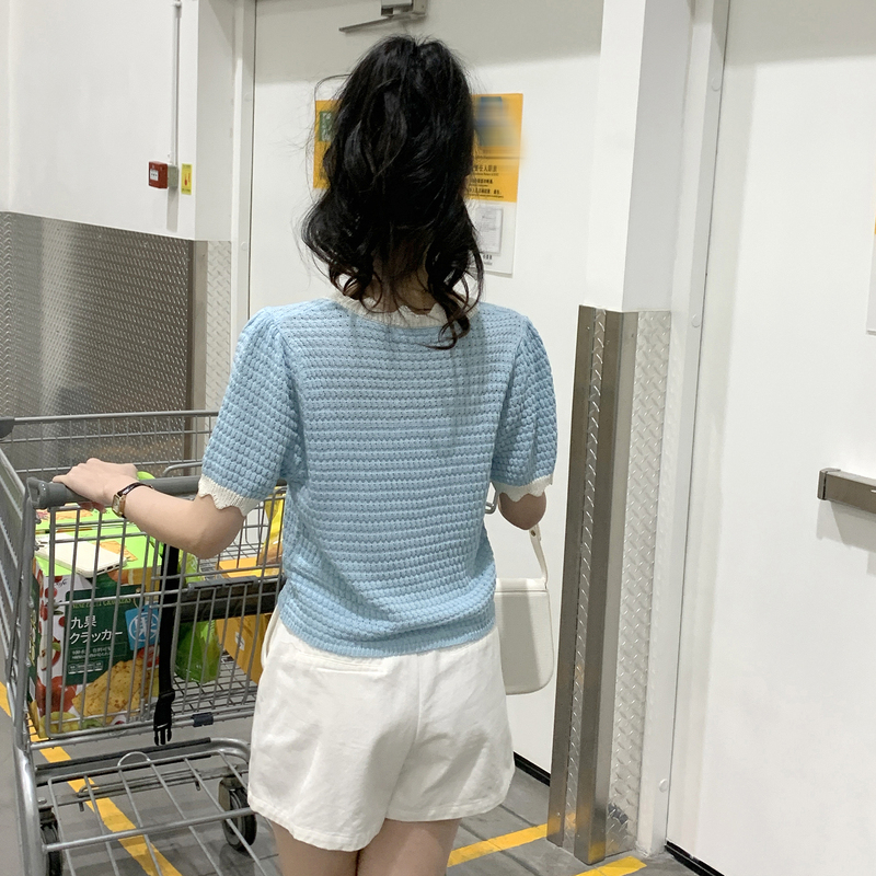 [2.5折价62元]唐狮甜美撞色短袖T恤女夏季新款别致修身蓝色针织衫上衣小众x