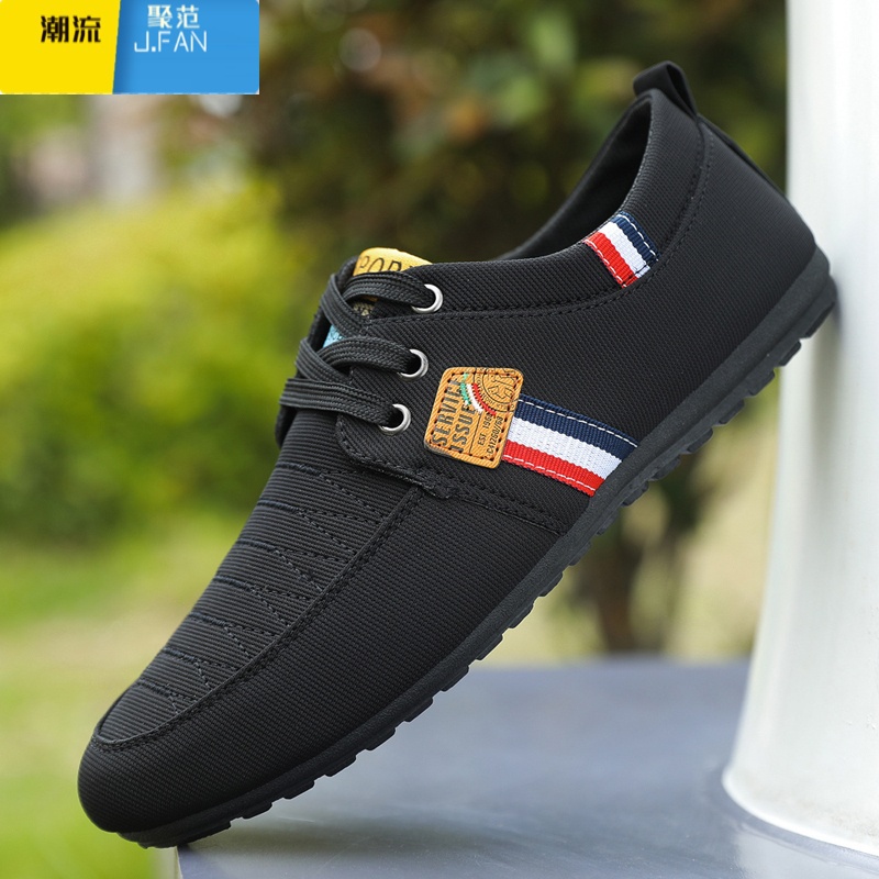 聚范男鞋秋季透气一脚蹬懒人帆布鞋休闲豆豆鞋百搭男士工作老北京布范高清大图