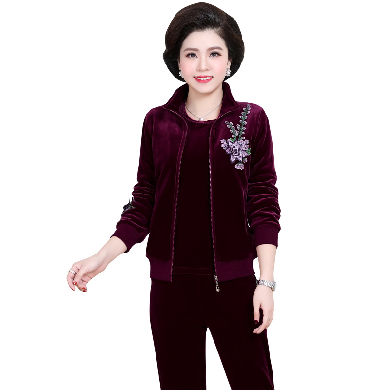 锋非凡品牌妈妈秋冬装金丝绒加绒加厚套装女中老年人女装双面绒保暖