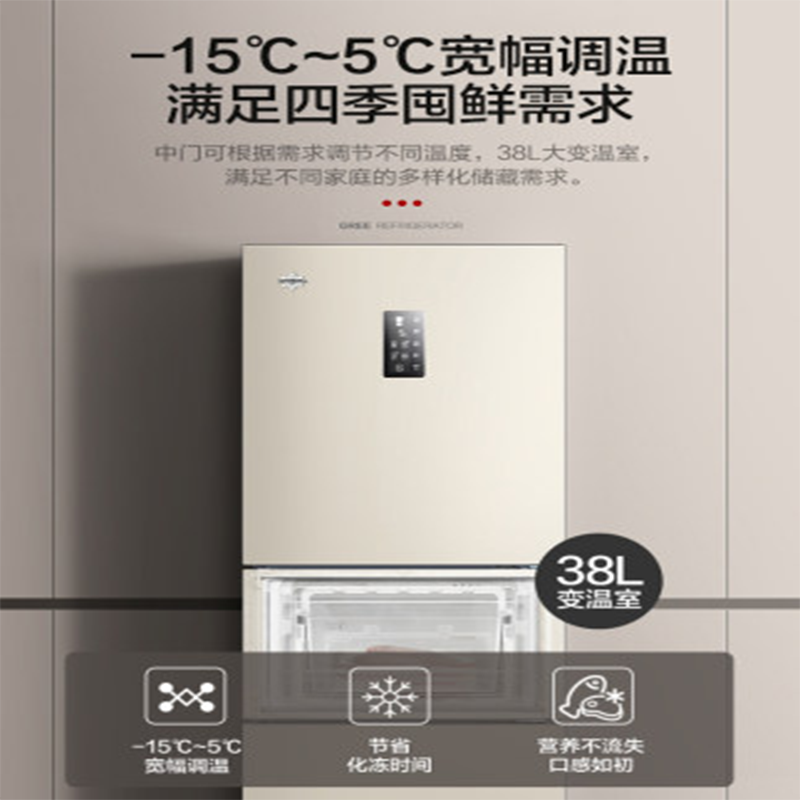 格力(GREE)225升冰箱风冷无霜迷你小型家用三门大冷冻宽幅调温节能低噪离子净味电冰箱BCD-225WETC时代金高清大图