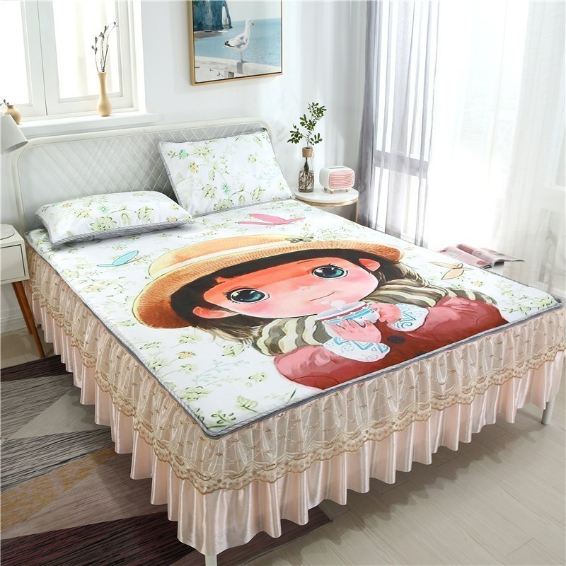 可水洗折叠冰丝凉席三件套床裙床笠款夏季夏天机洗的凉滑床单软席_1_736 1.5m（5英尺）床 么么哒