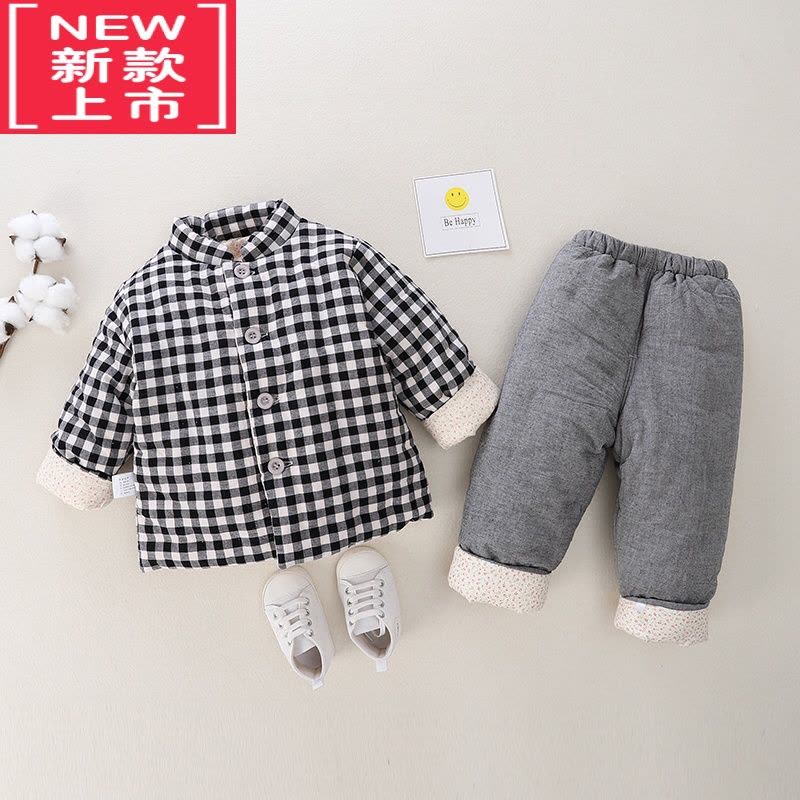 可莉允宝宝手工棉衣套装加厚男女童棉花棉袄棉裤两件套套校服格子棉内胆棉服图片