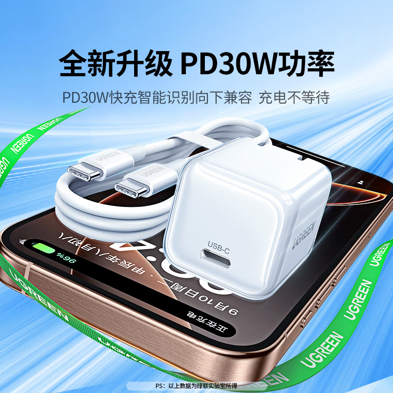 绿联(UGREEN)30W苹果16充电器套装兼容iPhone16/15ProMax/plus氮化镓快充头高清大图