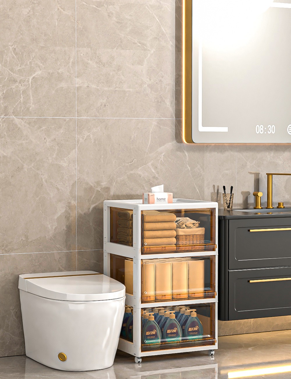 华普思可折叠夹缝收纳柜抽屉式储物箱家用宝宝零食柜卫生间窄缝整理柜子茶色象牙白46CM面宽3层可拆卸折叠多层带万向轮