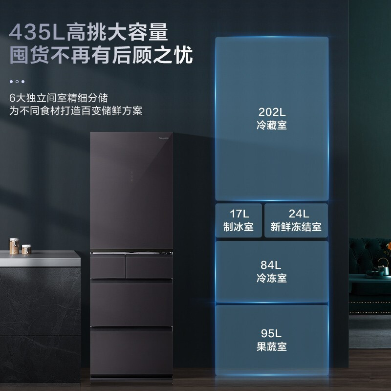 松下(Panasonic) NR-JE43WXB-H多门435升变频玻璃门带变温风冷无霜纳诺怡 智能WIFI 灰色展示柜高清大图