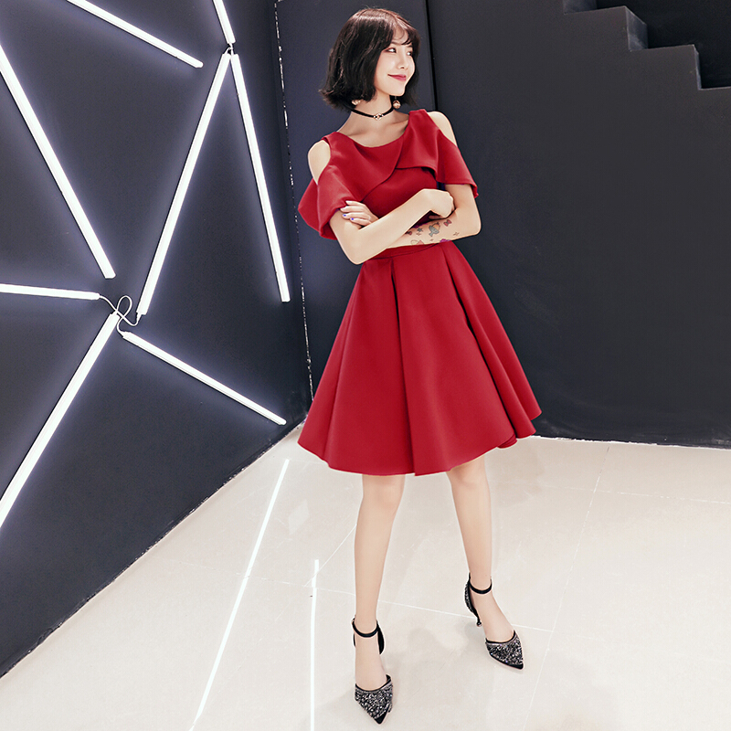 敬酒服新娘夏季2018结婚新款短款红色订婚名媛洋装小晚礼服显瘦女酒红色
