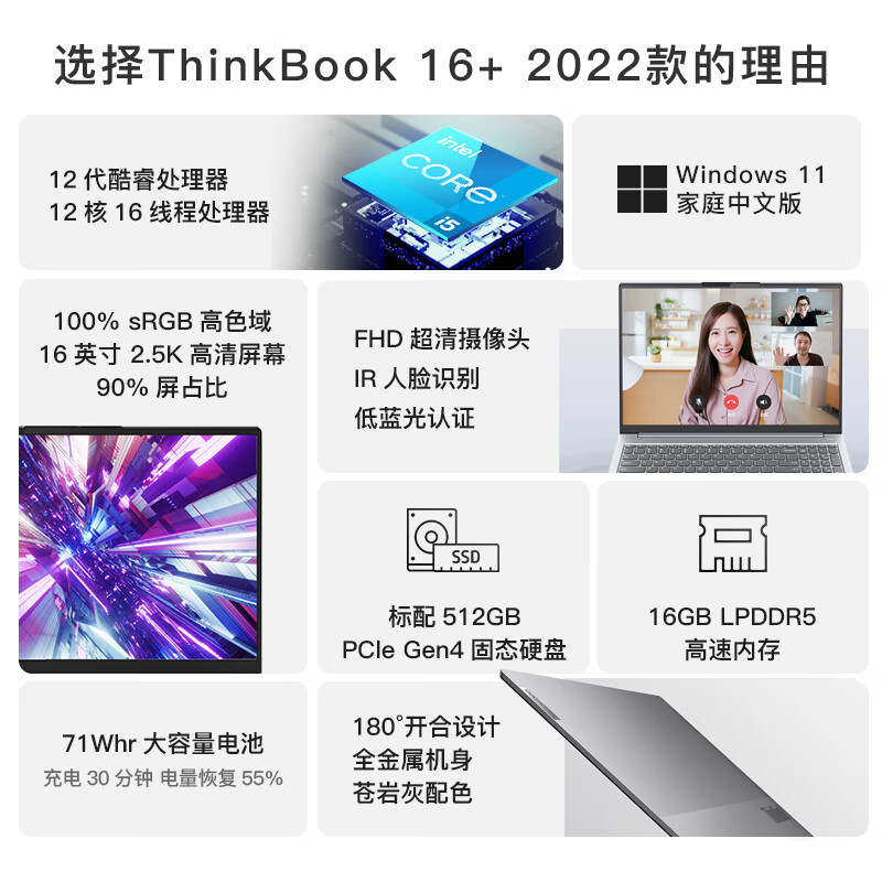 联想ThinkBook 16+ 英特尔酷睿i5 笔记本电脑 全新2022款 16英寸标压轻薄本(i5-12500H/16G/1T/锐炬Xe显卡/2.5K)