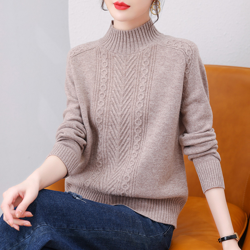恒源祥品牌100纯羊毛衫女半高领套头女士毛衣显瘦镂空保暖上衣服女