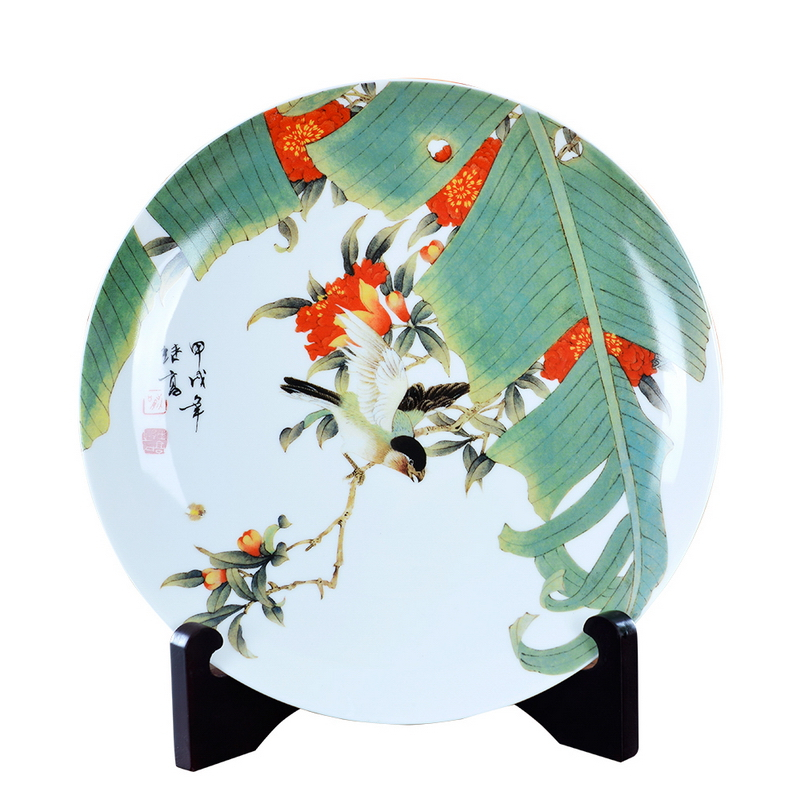 瓷拍 景德镇陶瓷盘子装饰看盘摆件 工笔花鸟芭蕉榴花 现代工艺品