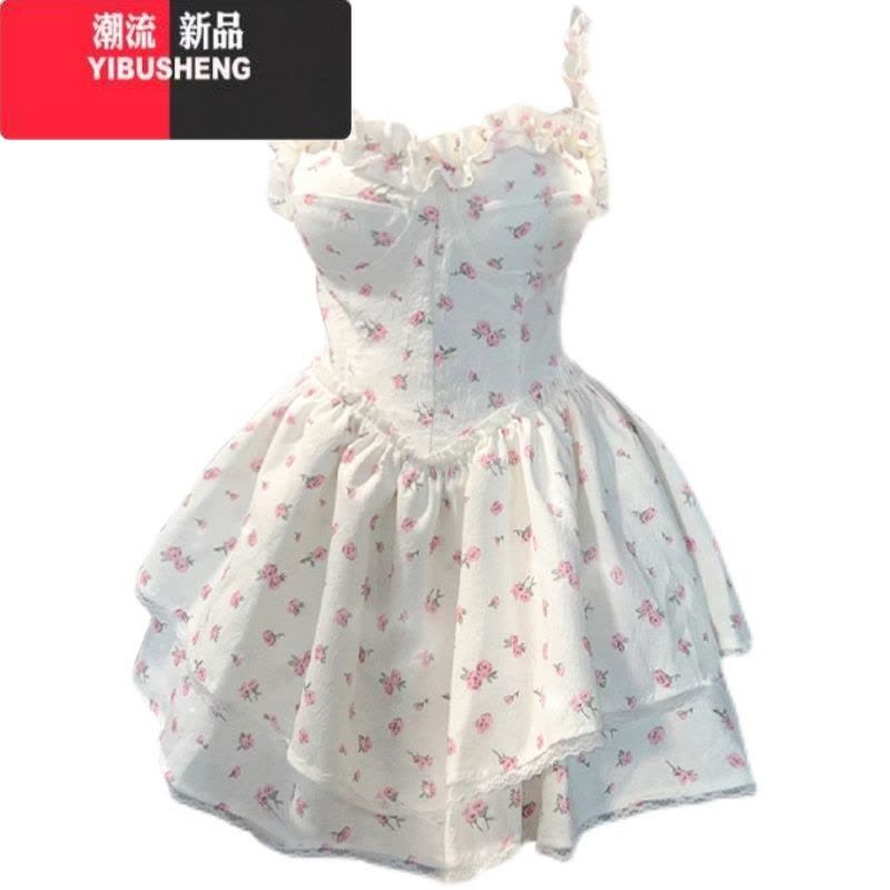 YIBUSHENG法式白色碎花吊带连衣裙女季新款辣妹纯欲风收腰显瘦公主蓬蓬裙图片