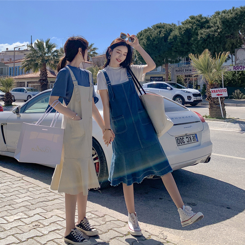 牛仔背带裙女春款学生小清新裙子韩版小个子鱼尾裙连衣裙夏季