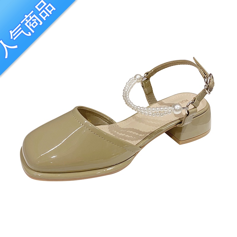 SUNTEK今年新款凉鞋女款夏季绿色法式单鞋珍珠半拖包头中跟粗跟玛丽珍鞋高清大图