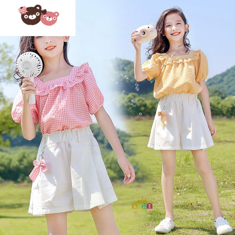 绿彩虹光女童套装洋气短袖女孩2022夏装新款网红中大童格子两件套学生宽松