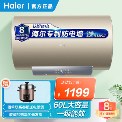 海尔(Haier)电热水器新一级能效2200W双管变频速热家用节能省电洗澡ES60H-GRR