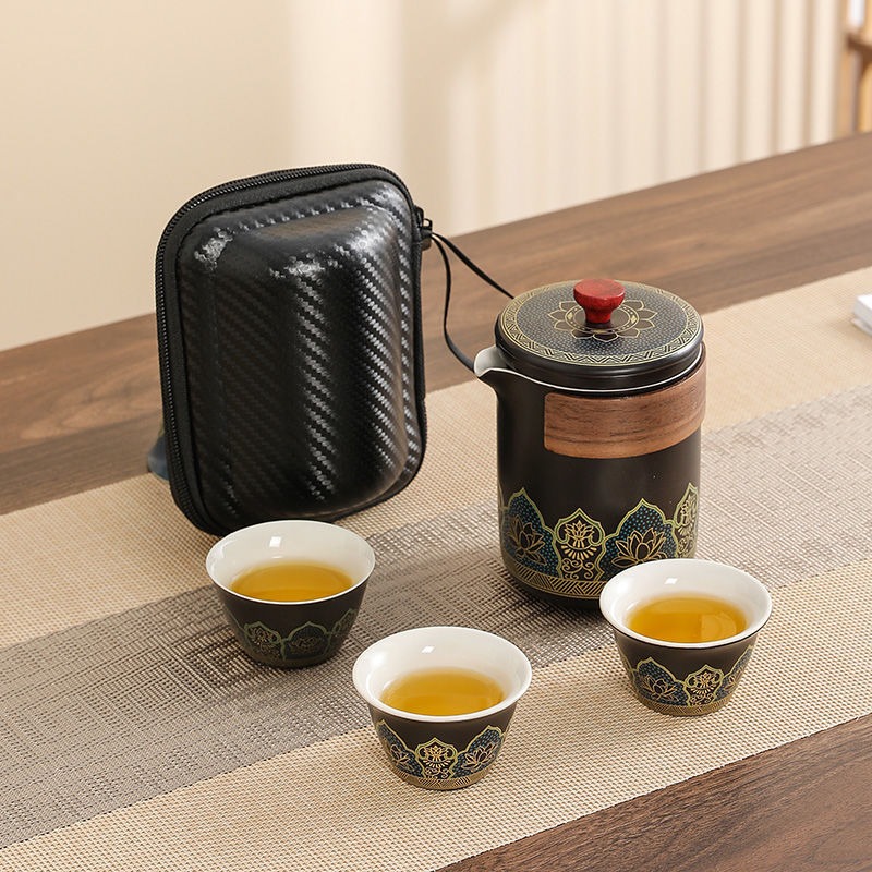 华普思旅行茶具套装 户外便携陶瓷快客杯雅黑【茶韵】一壶三杯+黑包
