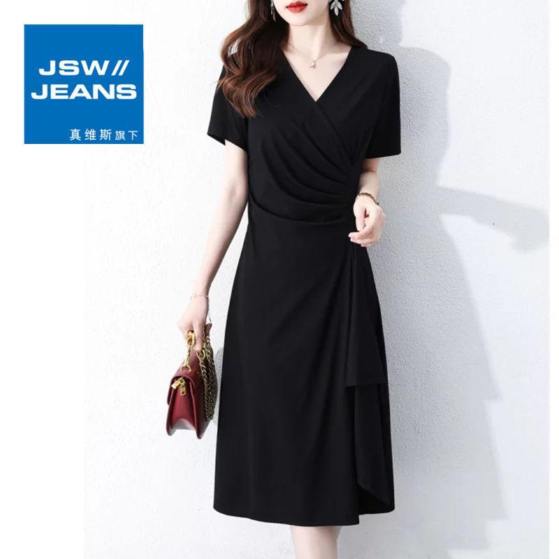 真维斯旗下JSW连衣裙夏季新款短袖V领收腰修身褶皱中长款气质裙子