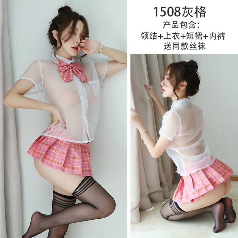 长夜漫漫情趣内衣女衬衫性感透视学生蝴蝶结领结百褶裙夜迷离1508 粉格+同款丝袜 均码