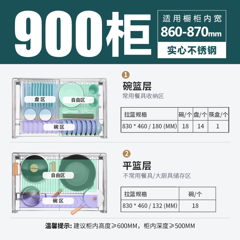 欧琳橱柜拉篮 厨房锅碗篮碗架双层抽屉式不锈钢阻尼轨道置物架碗架带接水盘LTC2008D 柜体外径>=900mm