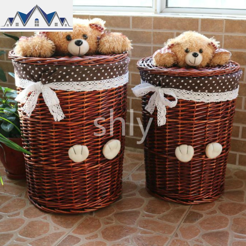 藤编脏衣篓脏衣服收纳筐收纳箱脏衣桶脏衣篮洗衣篮玩具收纳篓尚品 三维工匠收纳篮 大号酒红色+咖色白点