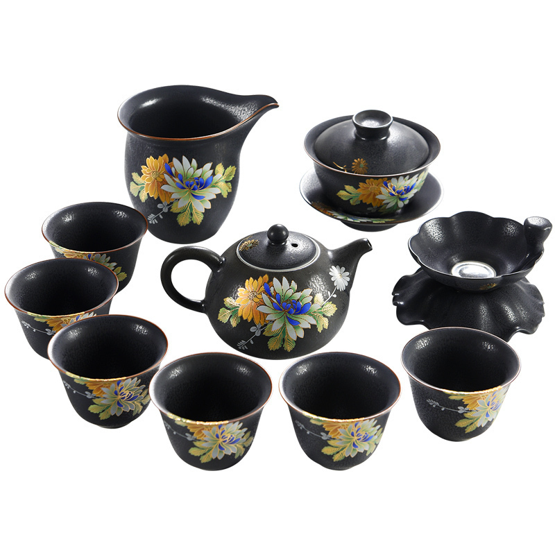 美帮汇整套功夫茶具套装 复古黑陶侧把壶承家用简约汝窑陶瓷礼品装高清大图