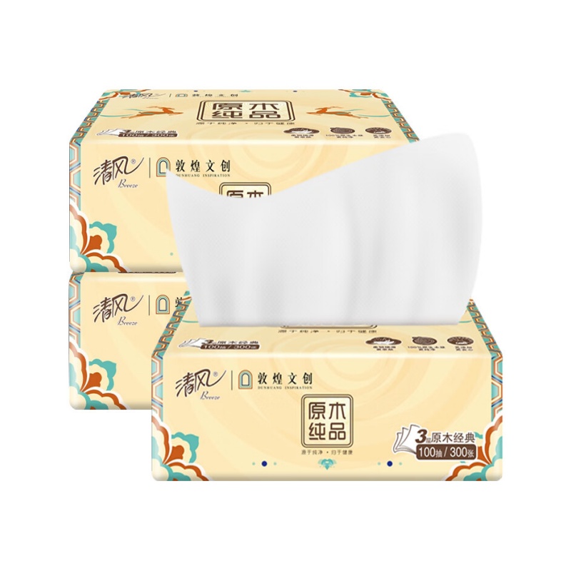 清风 原木敦煌联名3层100抽/包1*24抽取式面巾纸 AR10SCZ1 纸品 餐巾纸 家用纸巾 纸质升级 细滑柔韧