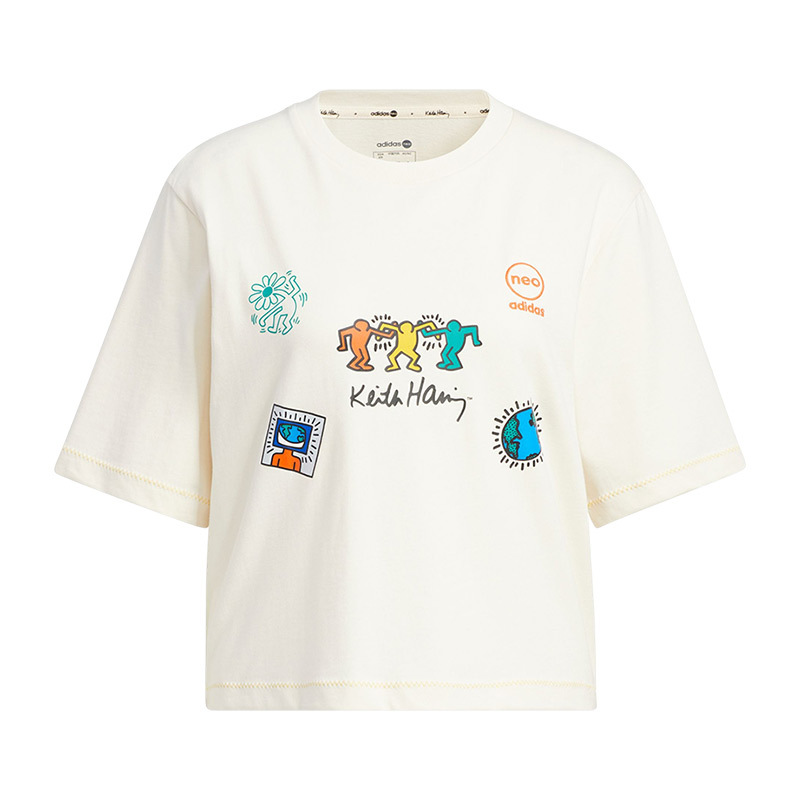 adidas neo x 凯斯·哈林 keith haring 卡通图案印花运动T恤 女款 米白色 HD7252