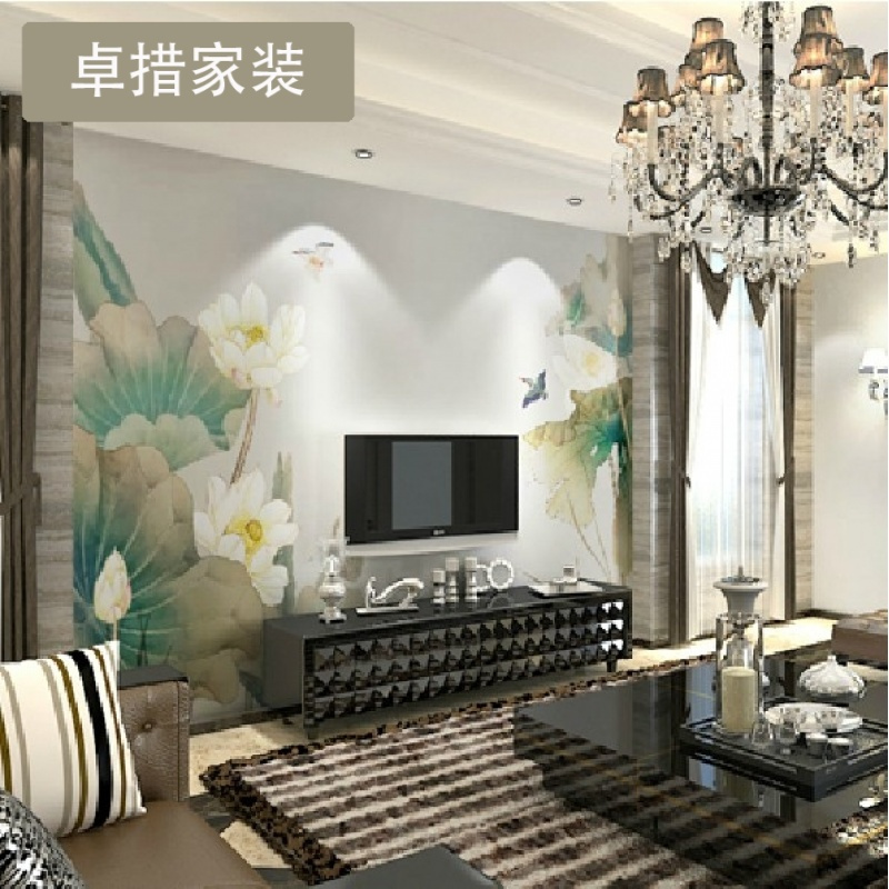 定制 电视背景墙纸壁纸客厅现代中式荷花壁纸大型壁画墙布影视墙壹德壹