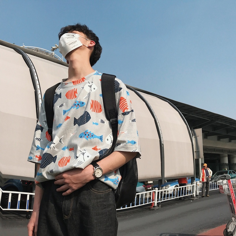 港风2018夏季年轻短袖T恤男韩版帅气印花青少年学生圆领半袖体恤