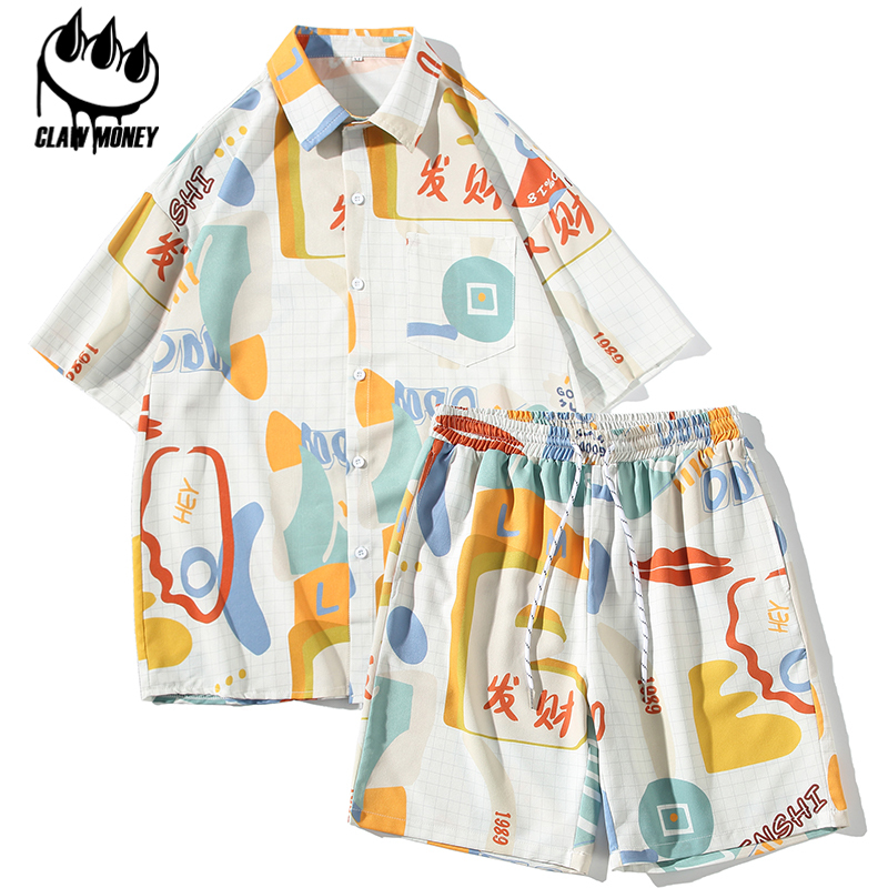 Claw money短袖衬衫男夏季潮流男装套装痞帅宽松薄款沙滩一套衬衣